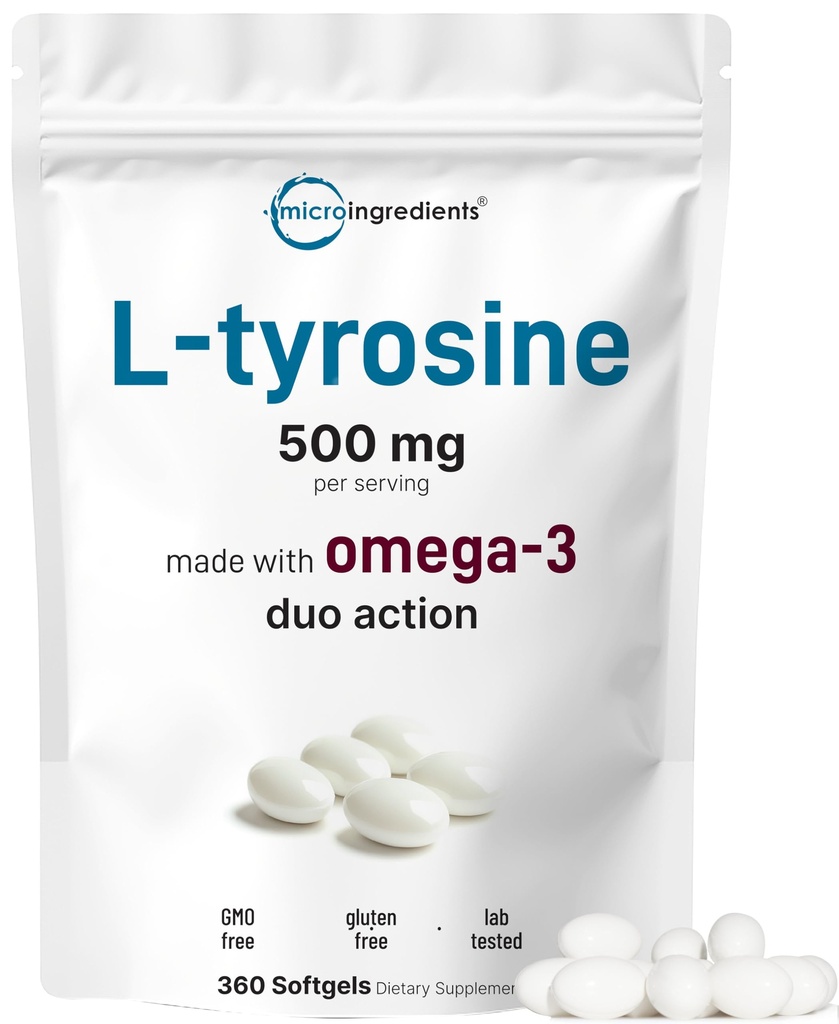 L Tyrosine Supplement 500mg with Omega-3, 360 Softgels | Duo Action Amino Acids + Omega from Flaxseed Oil 1,000mg with ALA | Heart and Mood Support | Brain Supplements for Memory and Focus | Non-GMO