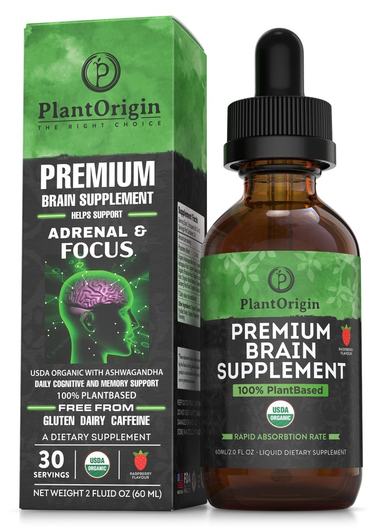 Plantorigin-USDA有机液体大脑补充剂 — 以植物为主的诺热带投放用于聚焦、记忆和精神清晰 — 维冈、非GMO、无咖啡因、Ashwagandha、Ginseng、Ginkgo、Rhodiola — 在美国制造