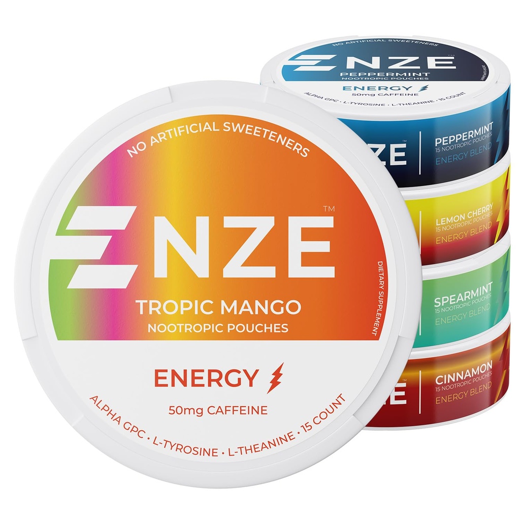 NZE Cafeine Nootropic 邮袋(Variety Pack) - 配有50mg Cafeine的能源邮袋,Alpha GPC,L-Tyrosine & L-Thenine配有无糖或人工甜品的邮袋 - 每罐15个邮袋 - 5个包装
