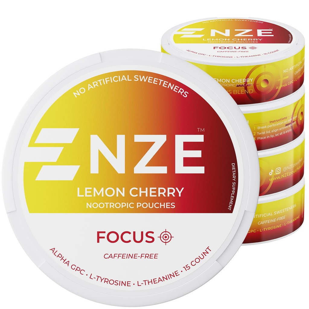 NZE Caffeine Free Nootropic Pouches (Lemon Cherry) - Nootropic Pouches with Alpha GPC, L-Tyrosine & L-Theanine - No Sugar or Artificial Sweeteners - 15 Pouches Per Can - 5 Pack