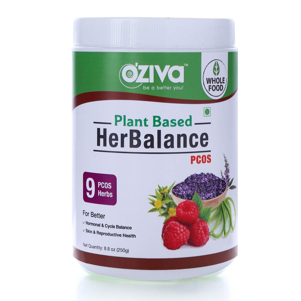 OZiva Plant Based HerBalance PCOS with Chasteberry (Vitex), Rhodiola Rosea, Red Raspberry, Shilajit, Ashoka & More for Better Hormone & Cycle Balance, Facial Hair, Reproductive Health