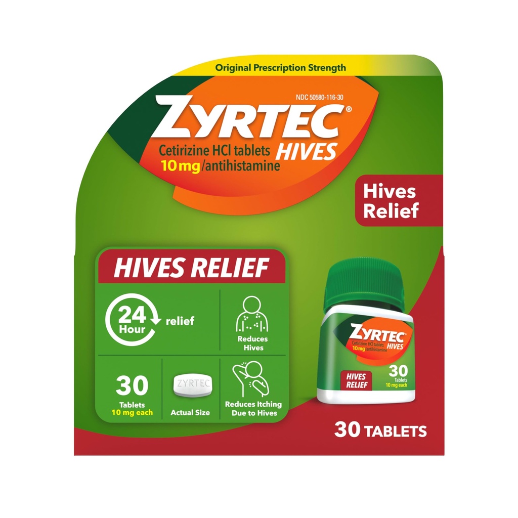 Zyrtec 24 Hour Hives Relief Tablets, 10 mg Cetirizine HCl Tablets to Help Reduce Hives & Reduce Itching Due to Hives, Antihistamine Tablets for Itch Relief & Treatment of Urticaria, 30 ct