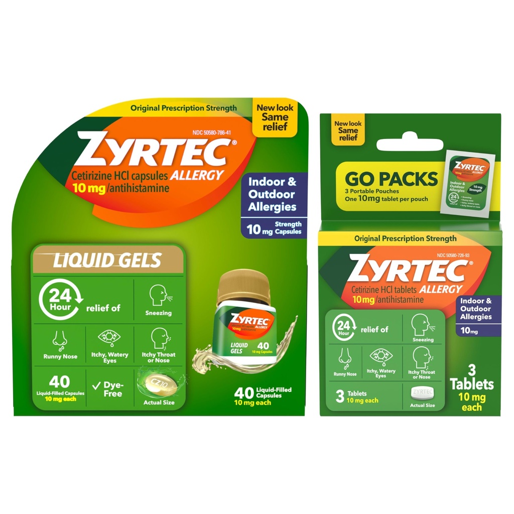 Zyrtec 24 Hour Allergy Relief Liquid Gels, Cetirizine HCI Antihistamine Allergy Medicine for Indoor/Outdoor, All-Day Relief for Runny Nose, Sneezing, Itchy, Watery Eyes, 40 ct + 3 Travel Packs, 43 ct