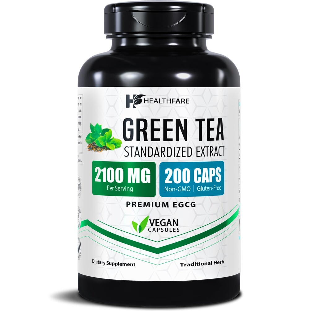 健康 绿色茶叶提取药丸 2100mg + + 与 EGCG 和 Polyphenols 标准化 → 200 Vegan Capsules → 超强抗氧化剂支持 → 非 GMO, Gluten-Free → 美国制造