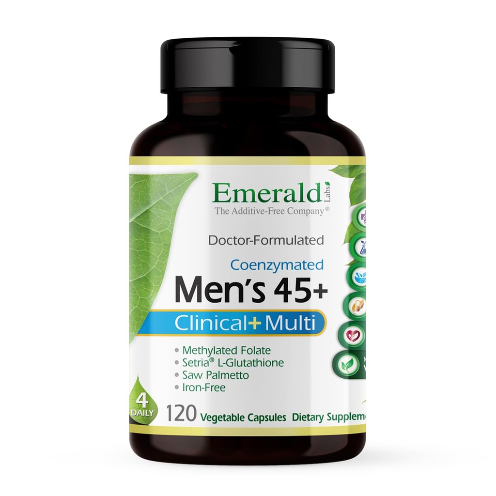 EMERALD LABS Men's 45+ 临床多功能- 综合支持、骨骼和心脏健康多维生素* - 为Men设计 45+ - Gluten-Free & Vegetarian - 120 蔬菜罐头(30天供应)