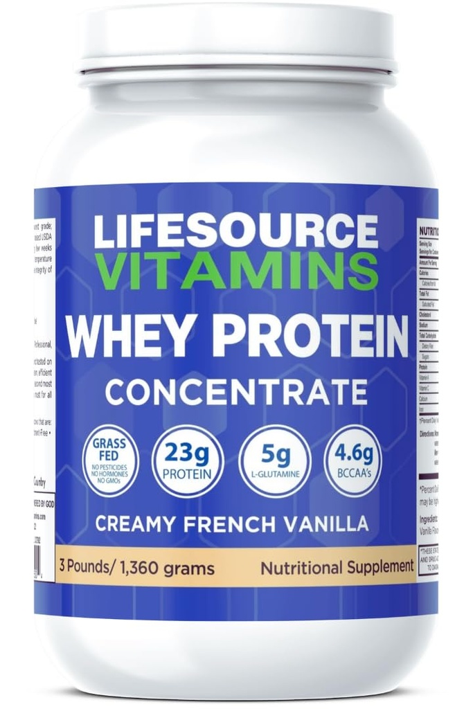 LifeSource Vitamins Grass-Fed Whey Concentrate French Vanilla 3 lb | Grass-Fed Whey • Stevia • Mixes Smoothly • Protein