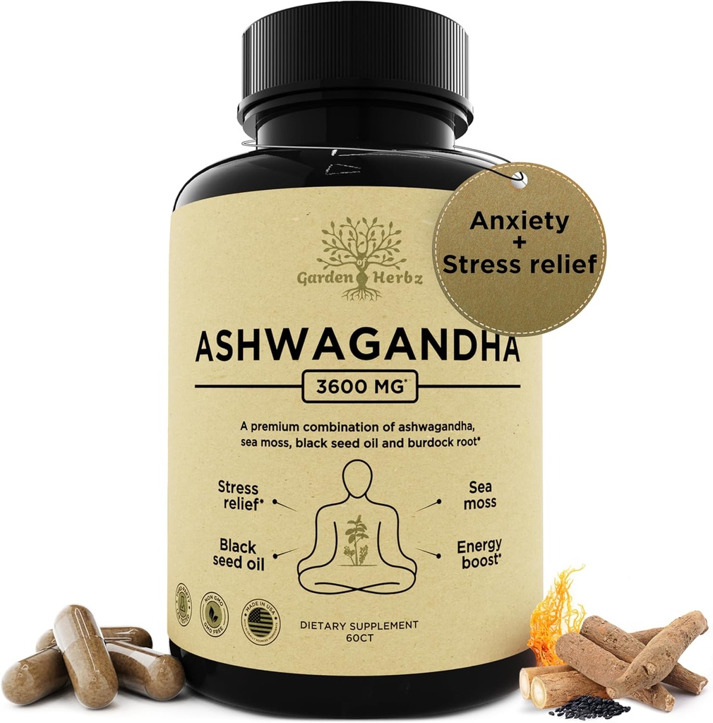 Ashwagandha Root & Irish Sea Moss – 3 600 mg Ashwagandha 与黑种子油, & Burdock Root – 能源、压力救济、额外力量的草药补编,60个盖子