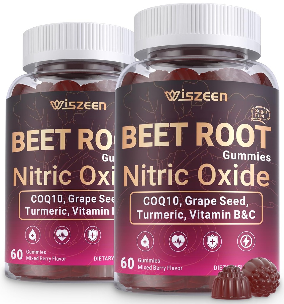 Beet Root Gummies, Nitric Oxide Supplements for Men & Women with COQ10, Turmeric Extract, Vitamin C & B12, Vegan, Non-GMO, Sugar Free, 120 Cts