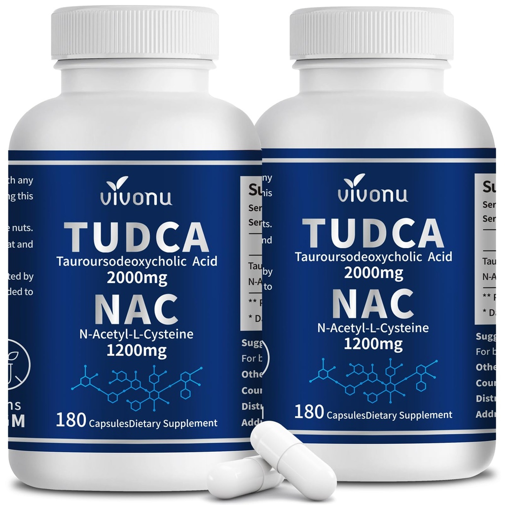 VivoNu TUDCA 2000mg + NAC 1200mg Supplement Complex Capsules, Powerful TUDCA Bile Salt + N Acetyl Cysteine, Antioxidant Supplements for Liver & Lung& Gallbladder Cleanse, Digestion - 180 Capsules
