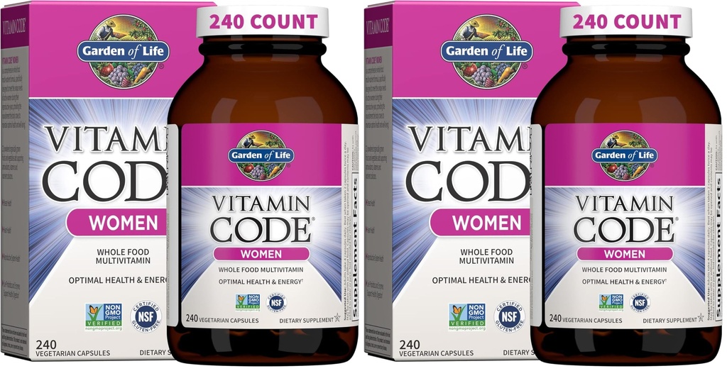 Garden of Life Multivitamin for Women, Vitamin Code Women's Multi - Whole Food Womens, Iron, Folate not Folic Acid, Vitamin A and Probiotics for Womens Energy, 240 Vegetarian Capsules, (Pack of 2)
