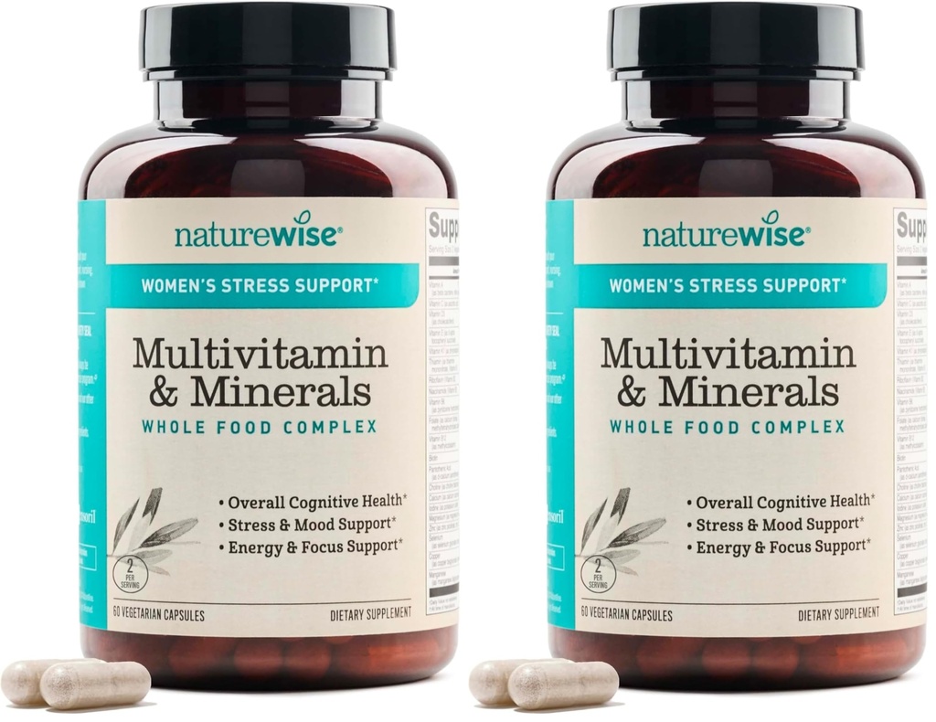 NatureWise Multivitamin for Women + Stress Support with Organic Whole Foods & Natural Minerals-B-Complex+Vitamin C+D3 K2 for Immunity,Hair,Skin & Nails-Non-GMO-60 Capsules[30-Day Supply], (Pack of 2)
