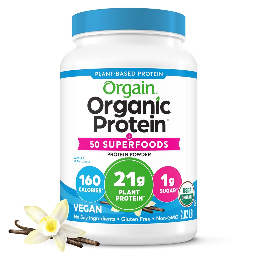 Orgain® Organic Protein™ + 50 Superfoods Protein Powder Vanilla Bean Flavored • Vegan • No Soy Ingredients • Gluten Free • Non-GMO, 2.02 lb ℮ 920 g