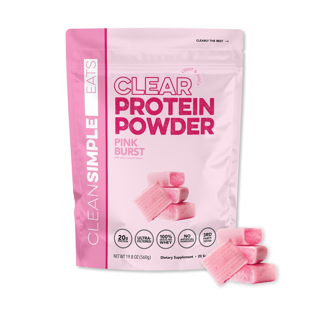 Clean Simple Eats Clear Protein Drinks, 20G Grass Fed Whey Protein Isolate, Ultra Filtered, Light & Refreshing Beverage, Low Lactose, No Artificial Ingredients, Pink Burst Flavor, 20 Servings