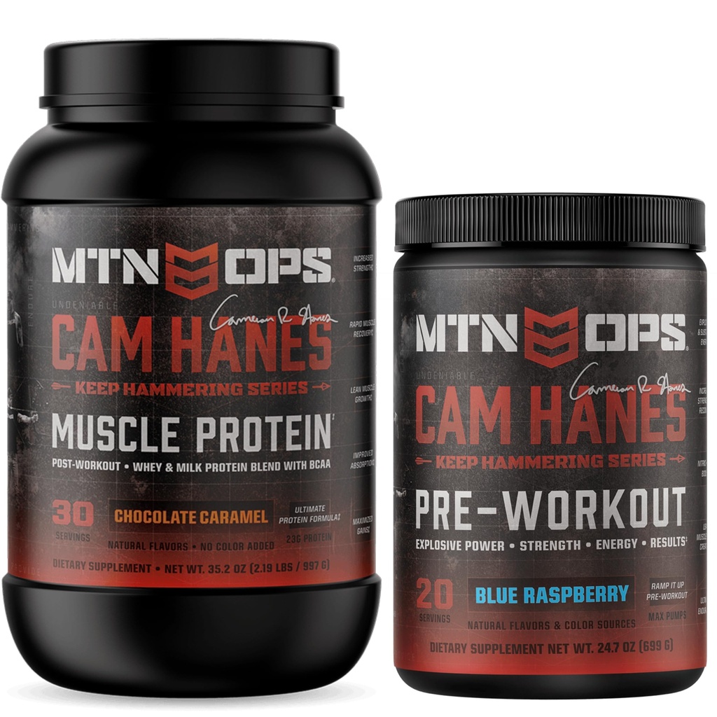 MTN OPS Cam Hanes Protein & Pre Workout Bundle – Chocolate Caramel Whey Protein + Blue Raspberry Preworkout