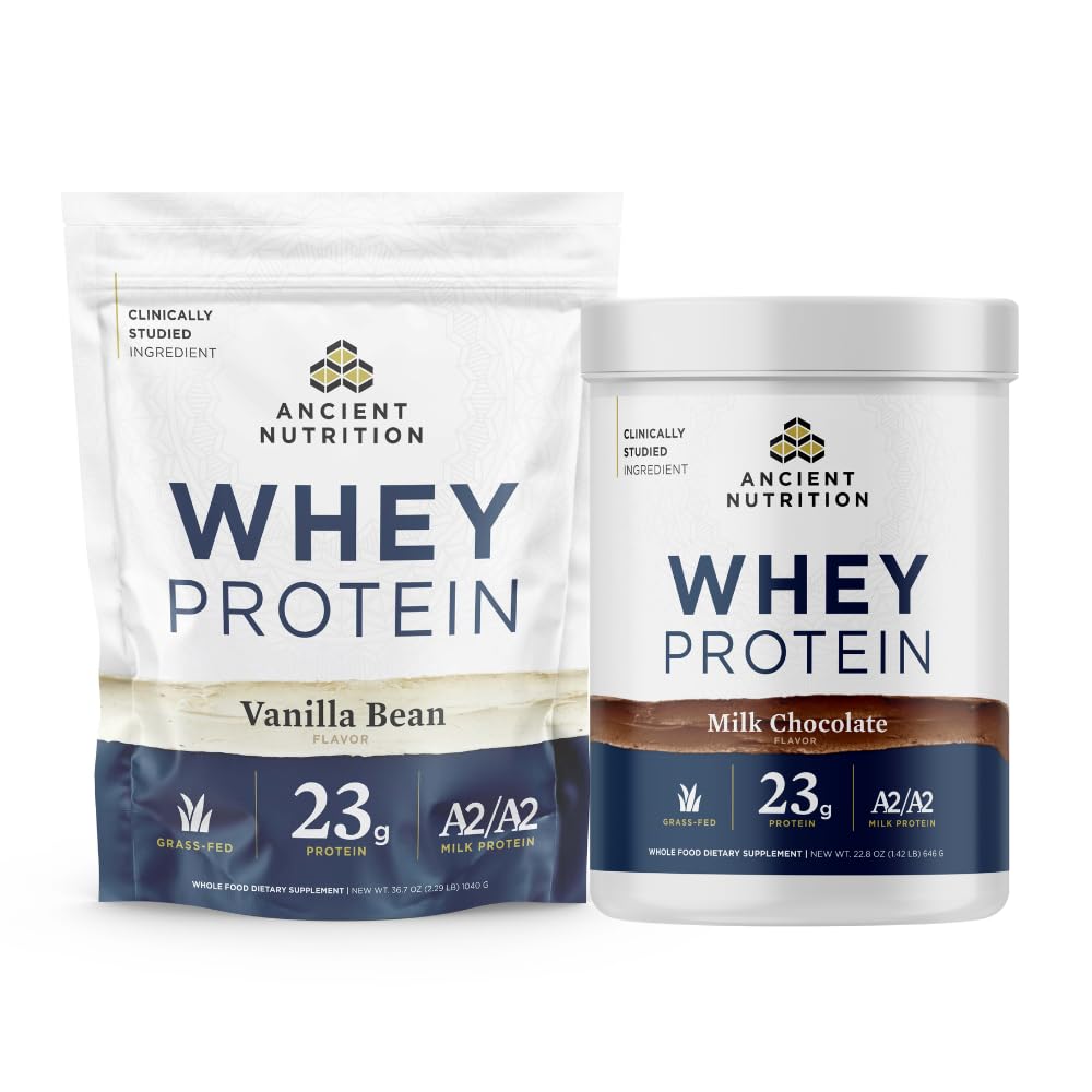 Ancient Nutrition Grass-fed Whey Protein Powder, Vanilla Bean, 35 Servings + Grass-fed Whey Protein Powder, Milk Chocolate, 20 Servings