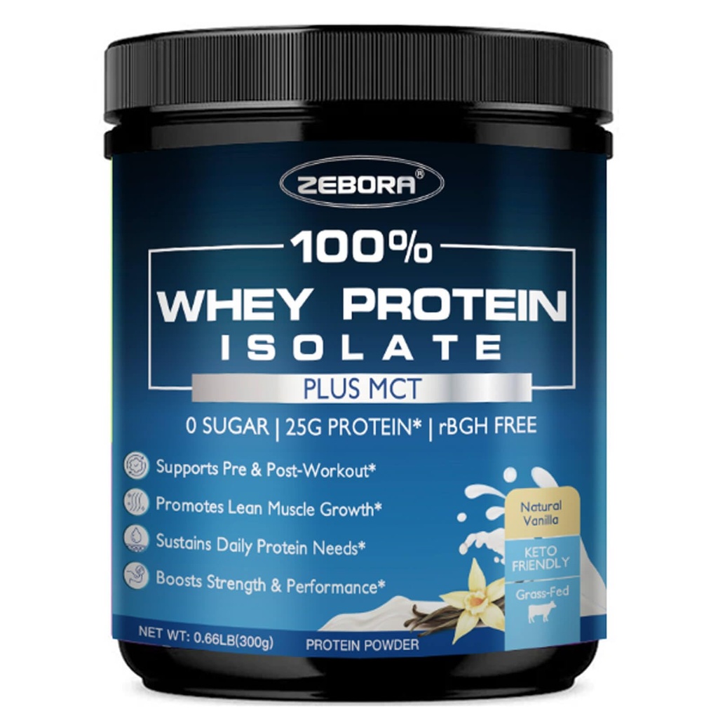 ZEBORA Whey Protein Powder, Vanilla Flavor, Grass Fed Whey Protein Isolate, 25g Protein Per Serving, Keto Friendly, 10.58 Oz, 10 Servings