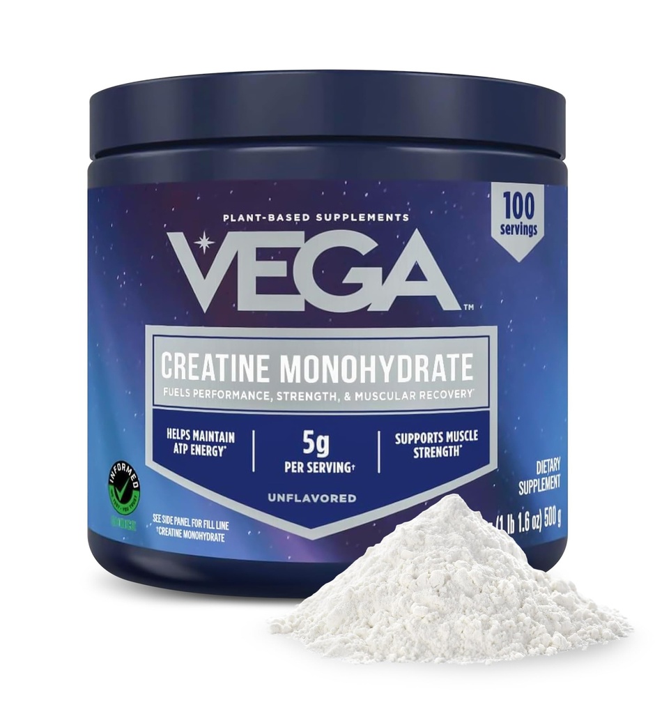 Vega Micronized Creatine 单水合物粉末,无味 – 5g纯 Vegan Creatine for Men & Women, 力量,性能和肌肉生长, 100 services (17.6 oz)
