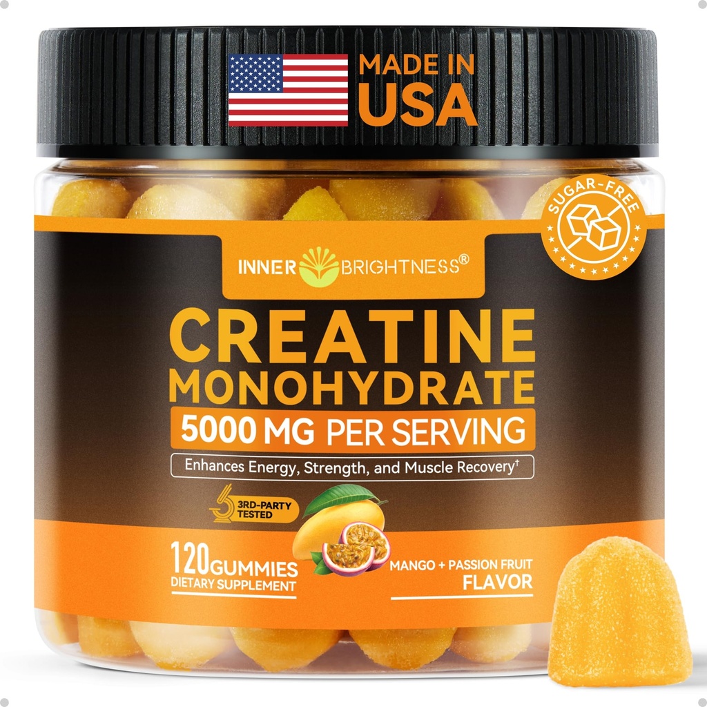 内亮性 Creatine Monohydrate Gummys for Men and Women, 5000 mg, 3rd Party Tested, Creatine Chews for Muscle growth, 力量和能量支持,无糖, Vegan, 120 Counter, Mango Passionle果