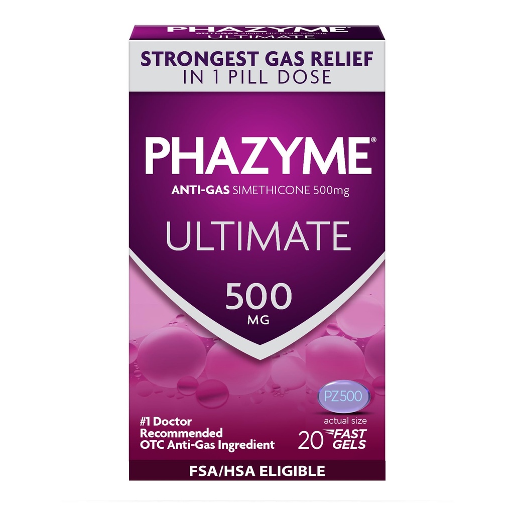 Phazyme 终极强抗毒500 mg Simethicone Gas Relief for Adults, Fast Gels Quicke Ease Bloating, 压力和不适, 20 Counter