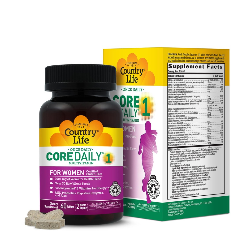 Country Life Women’s Core 1 Daily Multivitamin with Iron, Cranberry, Probiotics, and Digestive Enzymes-Certified Gluten-Free Formula for Energy, Immune Support and Complete Digestive Health,60 Tablets