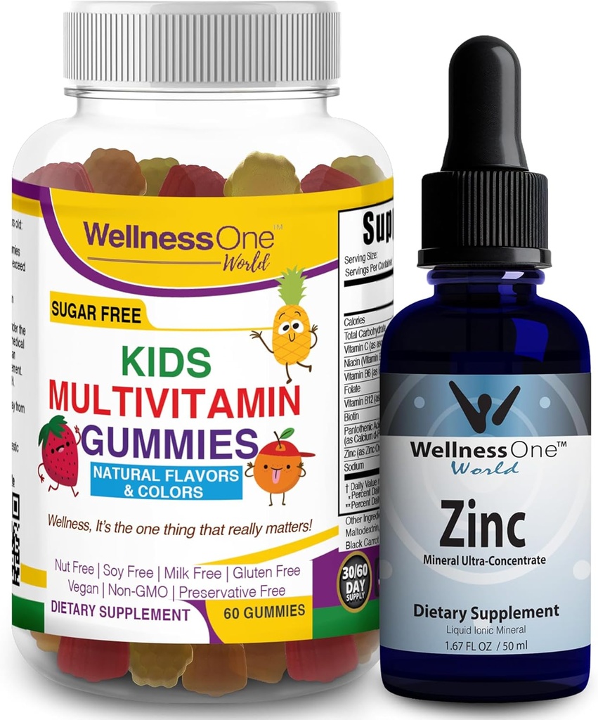 WellnessOne Liquid Zinc & Kids Multivitamin Gummies - Great Duo to Boost Energy, Immunity & Your Kids’ Brain Health - 1.67 fl oz Zinc Liquid Drops & 60 Bear Fruity Flavored Gummy Multivitamin for Kids
