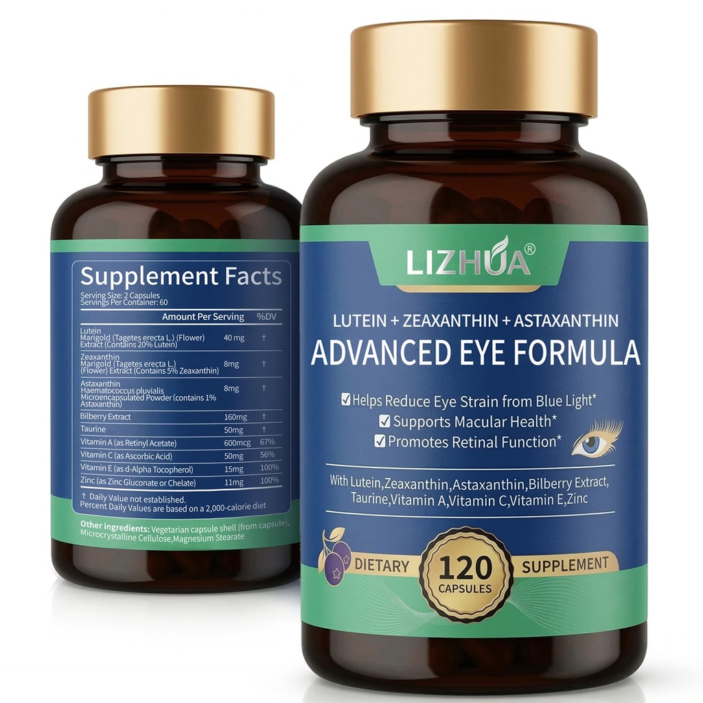 Lutein 40mg & Zeaxanthin 8mg 眼维生素,配有 Astaxanthin, Bilberry, Taurine, 维生素 A C E Zinc, 蓝光和 Macular 支持, 120 Veggie Capsules