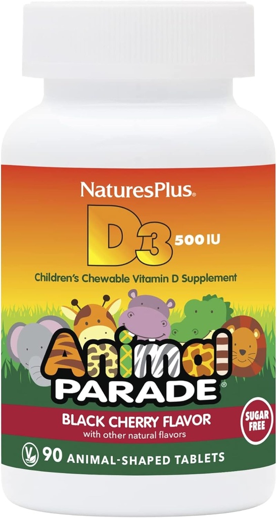 自然+动物游行 无糖儿童维他命 D3-500 IU - 黑樱桃火焰 - 90 厨师动物形状片 - Bone健康与免疫系统支持 - 90 服务