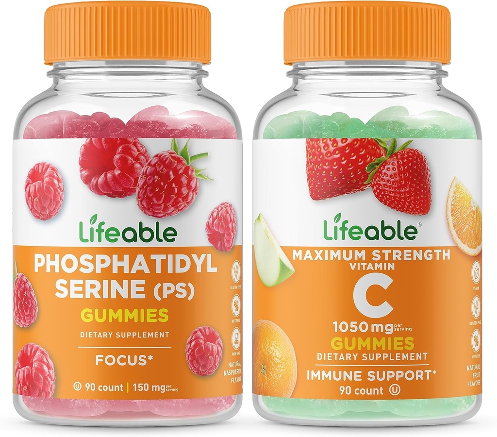 活性磷酸 Ph(PS) + 维生素C 1050mg, Gummys Bundle - 大品尝,维生素补充, Gluten Free, GMO Free, Chewwable Gummy