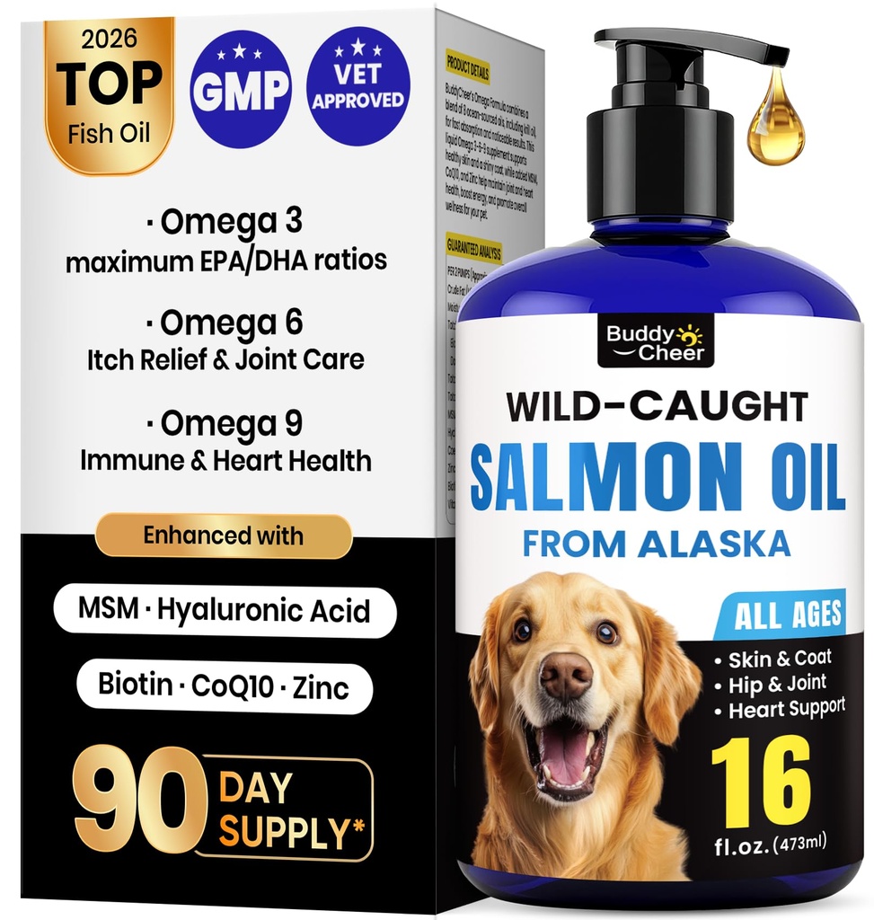Wild Alaskan Salmon Oil for Dogs & Cats – Fast-Absorbing Fish Oil for Dogs with Krill Oil, Omega 3 6 9 Fish Oil Supplement from 8 Deep Sea Fishs for Skin, Coat, Joints & Heart -16oz (90 Day Supply)