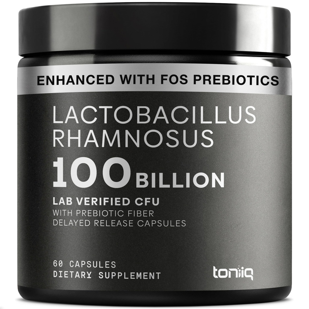 Toniiq Lactobacillus Rhamnosus – Ultra 高强度 100B CFU 与预生FOS – 延迟释放 Capsules – 第三方实验室测试 – 60 Capsules