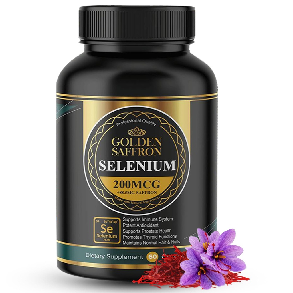 Golden Saffron Selenium (200mcg Selenium & 88.5 mg Saffron Excert) - 支持整体健康,Non-GMO,Gluten Free,乳品自由,配有独特和高级的配方 – 在USA & Tasteeless.
