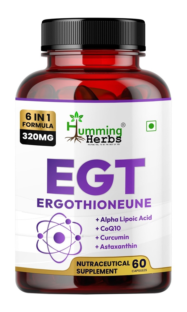 Humming Herbs EGT Supplement, 6in1 Complex of 10 mg Ergothioneine, 100 mg ALA, 100 mg CoQ10, 6 mg PQQ, Curcumin (95% Curcuminoids), 4 mg Astaxanthin – Longevity Essential, 320mg, 60 Veg Caps