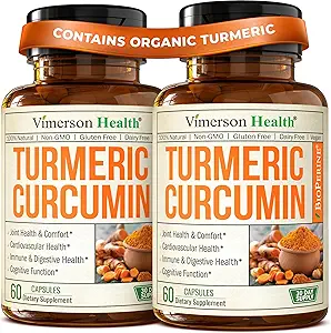 Turmeric Crucumin 配黑椒抽取剂 - 高概率有机Turmeric 1200mg & 95% Crucuminoids for Joint & Digestive Health - 联合支助补编 - 60 Curcuma Capsules - 2 Pack