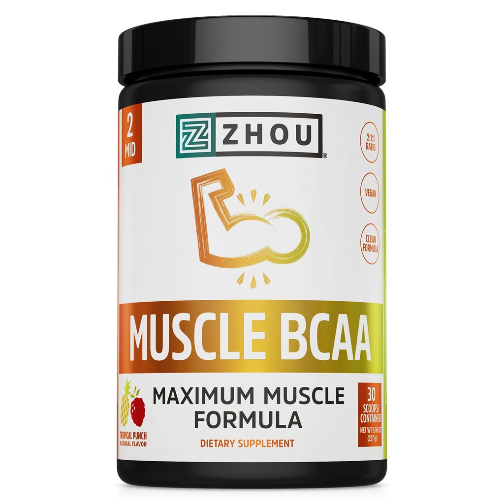 ZHOU Muscle BCAA - Vegan BCAA Powder, BCAA 男女补充品, 支持肌肉健康, 为能源饮用, 所有天然分支链氨基-热带冲刺, 11.6 oz(30架)