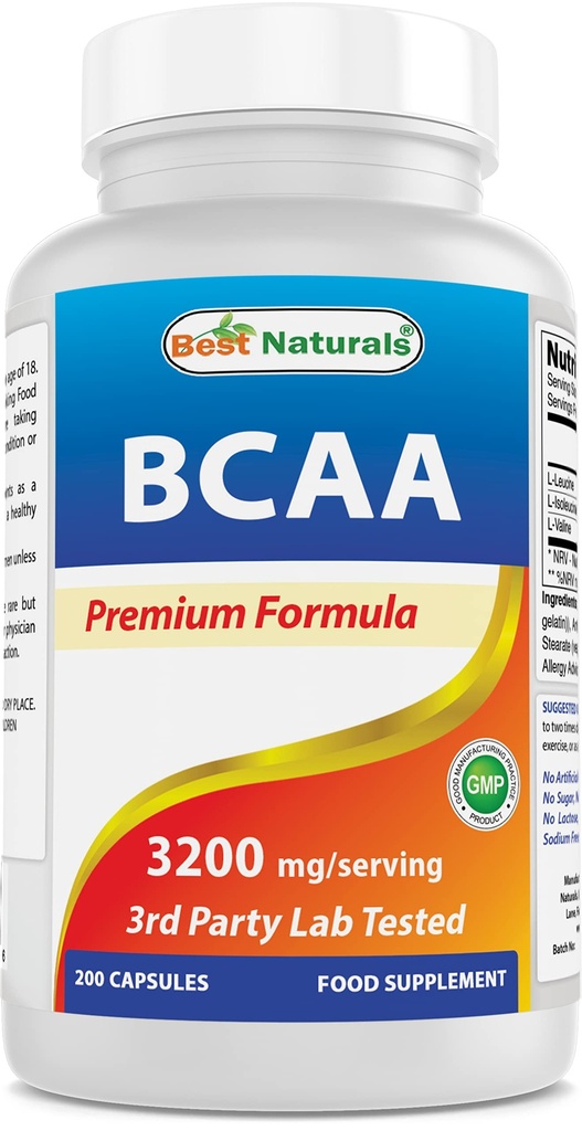 Best Naturals BCAA 分支链氨基酸,每服3200mg,200 capsules - 药品级 - 100%纯即时公式 +++++++++++ 助力肌肉生长