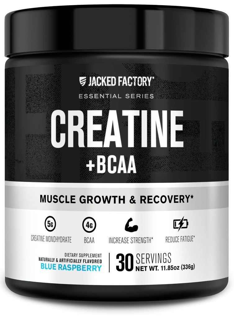 Jacked Factory Creatine + BCAAs - Creatine Monohydrate + BCAA 增产后恢复,性能,精益肌肉生长,和减肥 - 30 services, Blue Raspberry