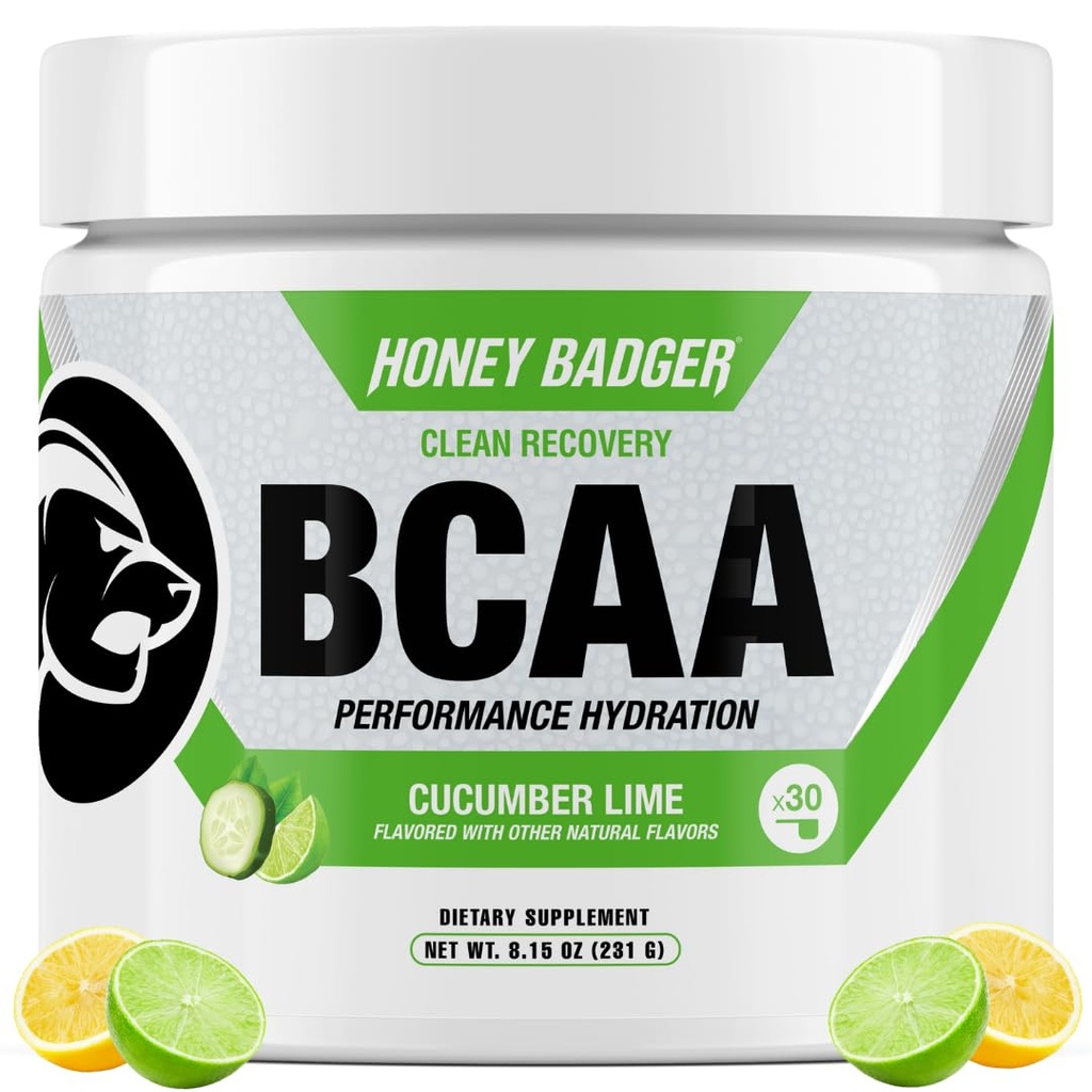 蜂蜜Badger BCAA + EAA 氨基酸粉, BCAAs + L-Glutamine, Keto, Vegan, 男女无糖, 水分和工作后恢复肌肉 饮用混合剂, Cucumber Lime, 30种服务