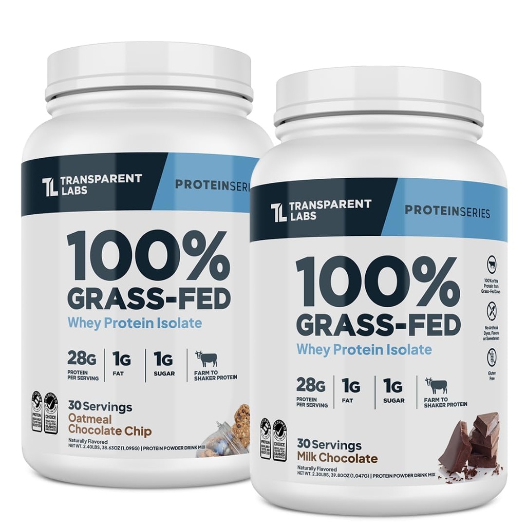 Transparent Labs Grass-Fed Whey Protein Isolate (30 Servings, Milk Chocolate) & Grass-Fed Whey Protein Isolate (30 Servings, Oatmeal Chocolate Chip Cookie)