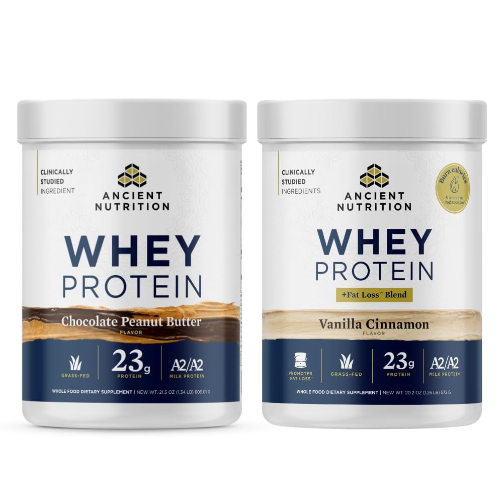 Ancient Nutrition Grass-fed Whey +Fat Loss Protein Powder, Vanilla Cinnamon, 18 Servings + Grass-fed Whey Protein Powder, Chocolate Peanut Butter, 18 Servings