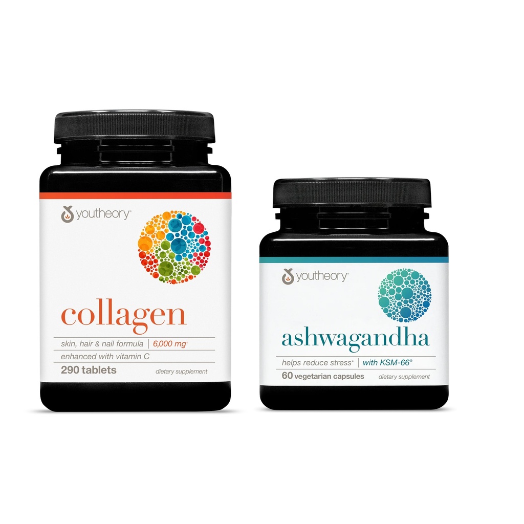 Youtheory Advanced Collagen 6,000mg + Vitamin C (290 Tabs) Ashwagandha 1,000mg (60 Veg Caps) – Hair, Skin, Nails, Stress & Cortisol Support – Women & Men Supplements