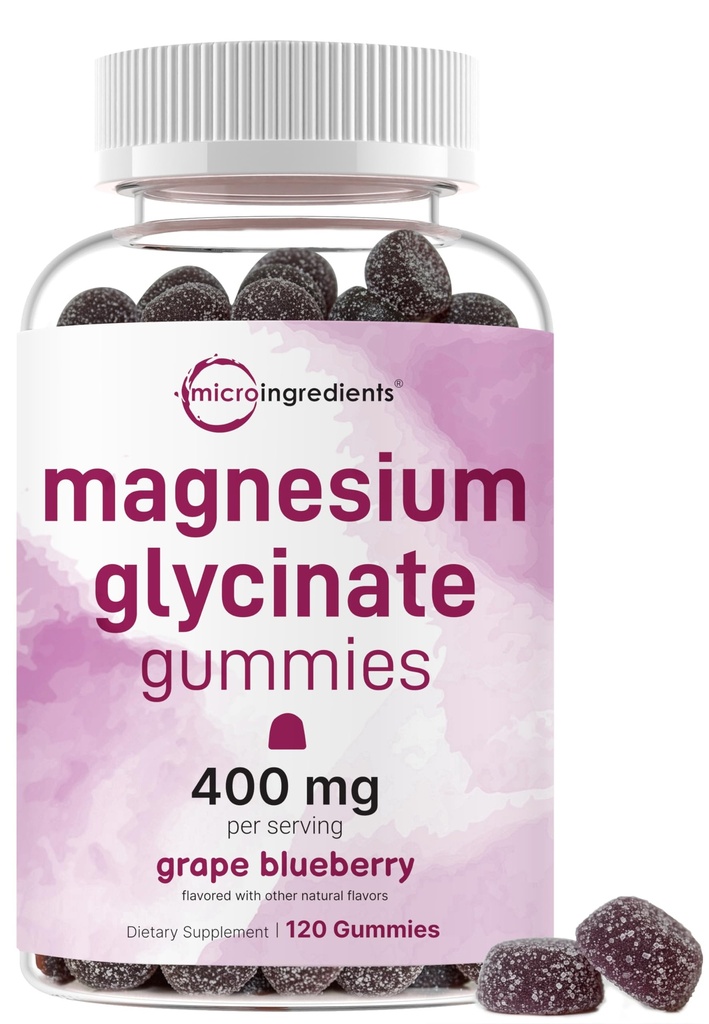 Magnesium Glycinate Gummies 400mg Per Serving, 120 Count | Natural Grape Blueberry Flavor | Potent Elemental Form + Chelated for High Absorption | Healthy Muscle, Bones, & Mood Support Supplement