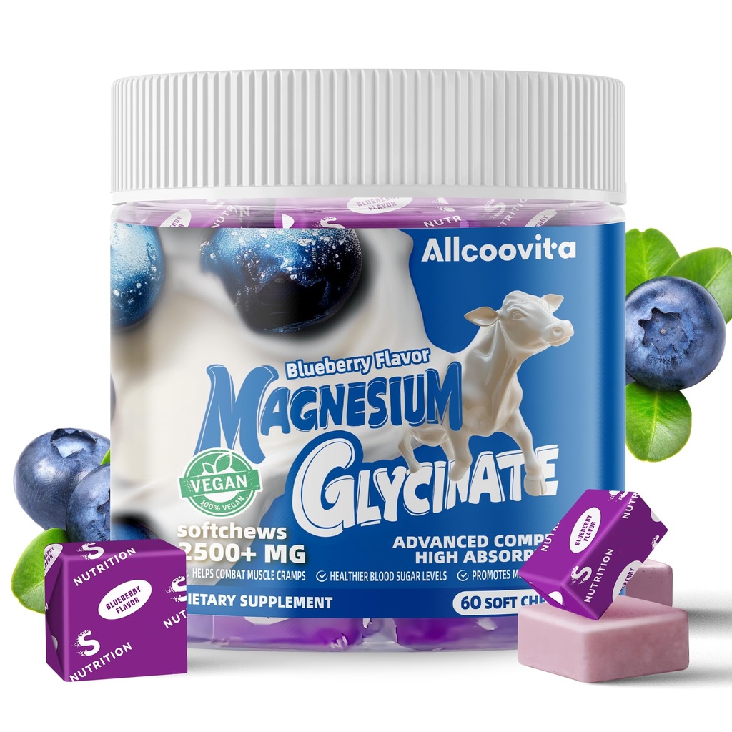 Magnesium Glycinate Soft Chews, Blueberry Flavor.Chewable Sugar Free Potassium Magnesium Chews with Magnesium Glycinate, Vitamin D, B6, and CoQ10 for Calm Support & Sleep for Adults, 60 Days Supply