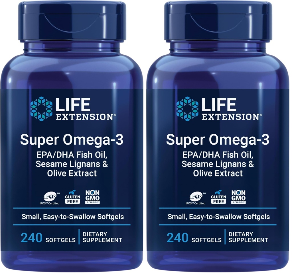 生命延长 Super Omega-3 EPA/DHA 鱼油,芝麻丽根和橄榄提取 – 心脏,脑,炎症健康支持,无胶质,容易吞,Non-GMO,240 Softgels (Pack of 2)