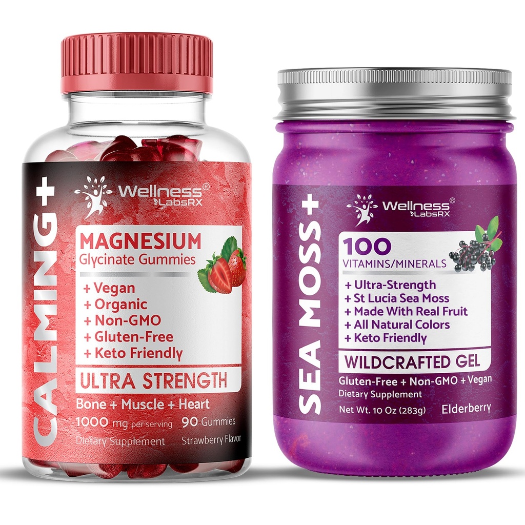 WELLNESS LABSRX Irish Sea Moss Gel Elderberry Flavor - Magnesium Glycinate Gummies 1000mg | Bundle