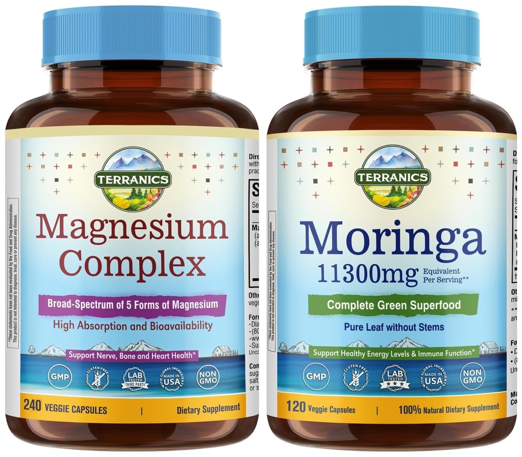 Terranics Magnesium Complex & Moringa Capsules Bundle - 500mg 5 Forms Magnesium Glycinate Citrate Malate Aspartate Gluconate + 11300mg Pure Moringa Leaf Powder, 240 Caps + 120 Caps