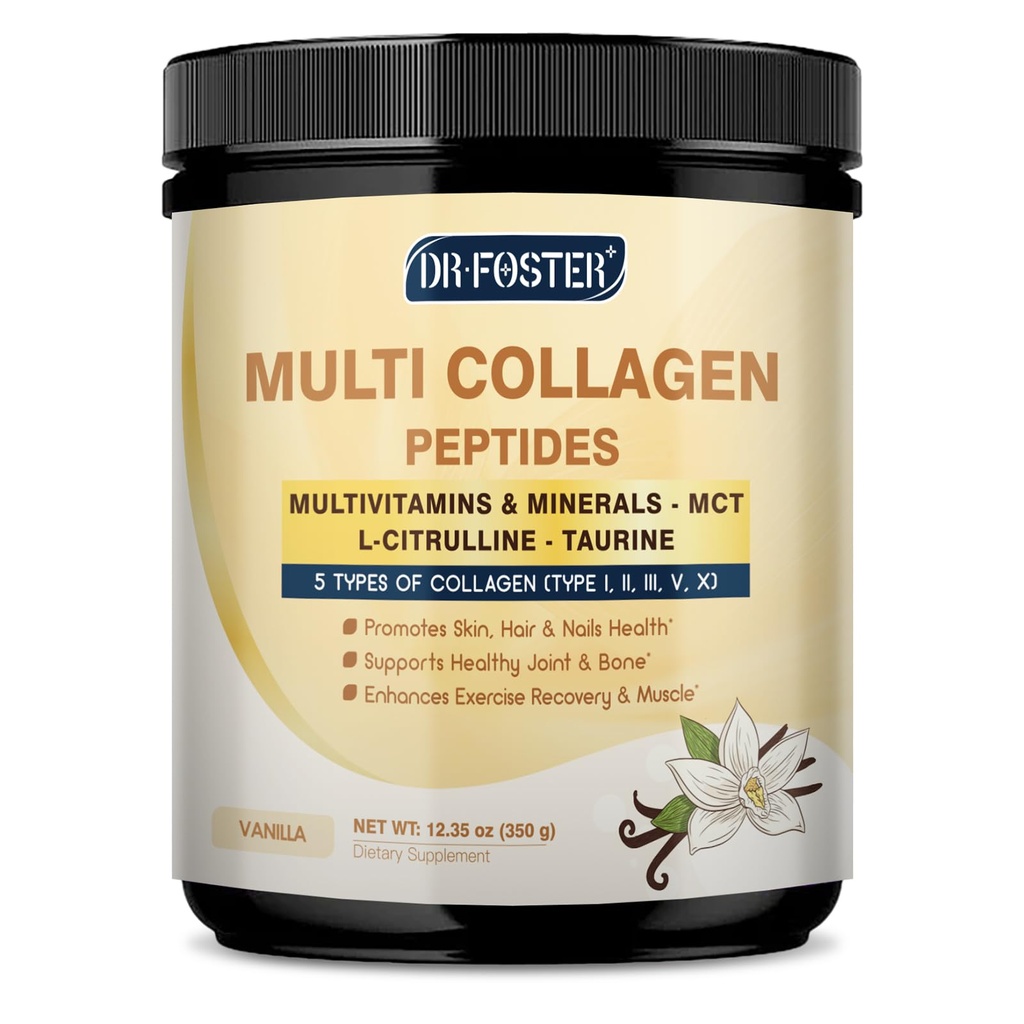 DRFOSTER Vanilla Collagen Peptides Powder for Women & Men, Multi Type I II III V X Collagen with multivitamins & Minerals for Skin, Hair & Nails & Joints, Non-GMO, 35 Servings