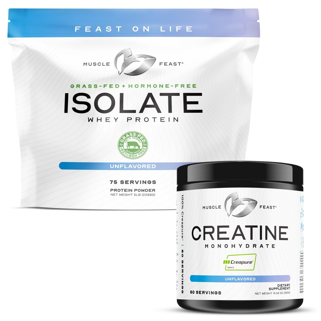 肌肉酵母 Creapure Creatine 单体水合物 - 未味300g(x1)和Isolate Whey蛋白粉 - 未味5lb(x1) - 肌肉恢复和性能包