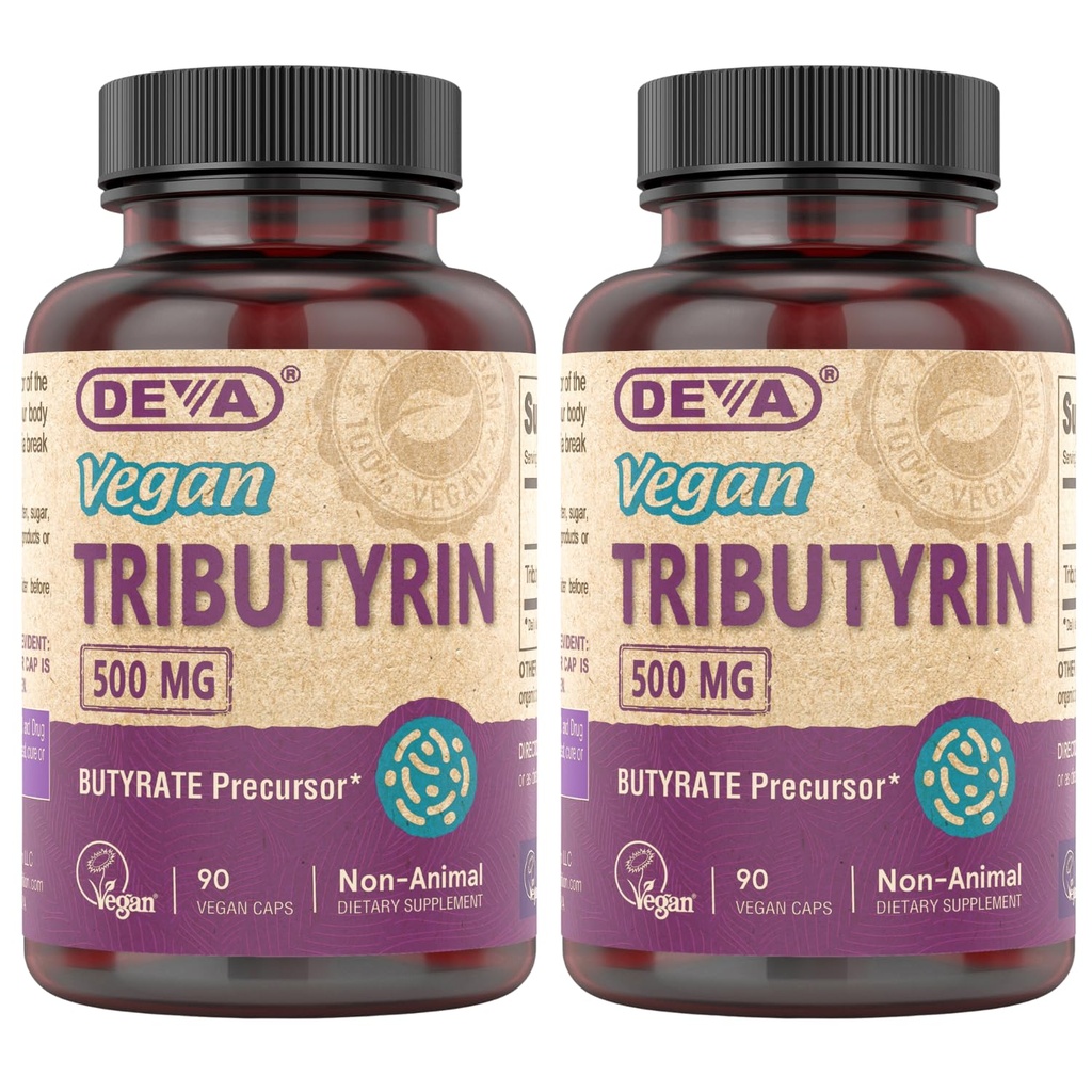 DEVA VAGAN Tributyrin 补编 - Butyrate Precusor, Gut障碍支持, Butyric Acid, 500 MG VAgen Capsules, Leaky Gut支持,文摘, 90 Counters (Pack of 2)