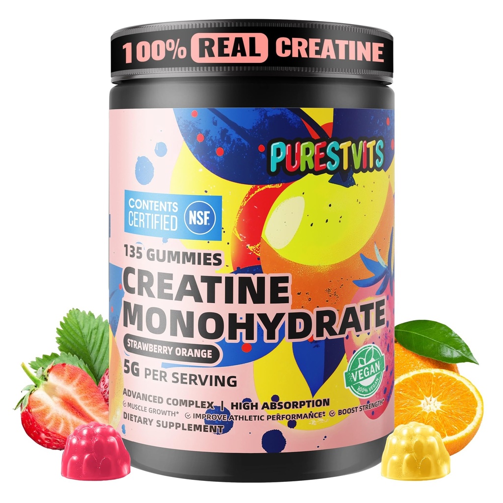NSF认证的Creatine Gummy 5g - Creatine Monohydrate Gummys – 工作前能量和肌肉生长支持 男与女 | 草莓橙电解 Gummys(135个计数)