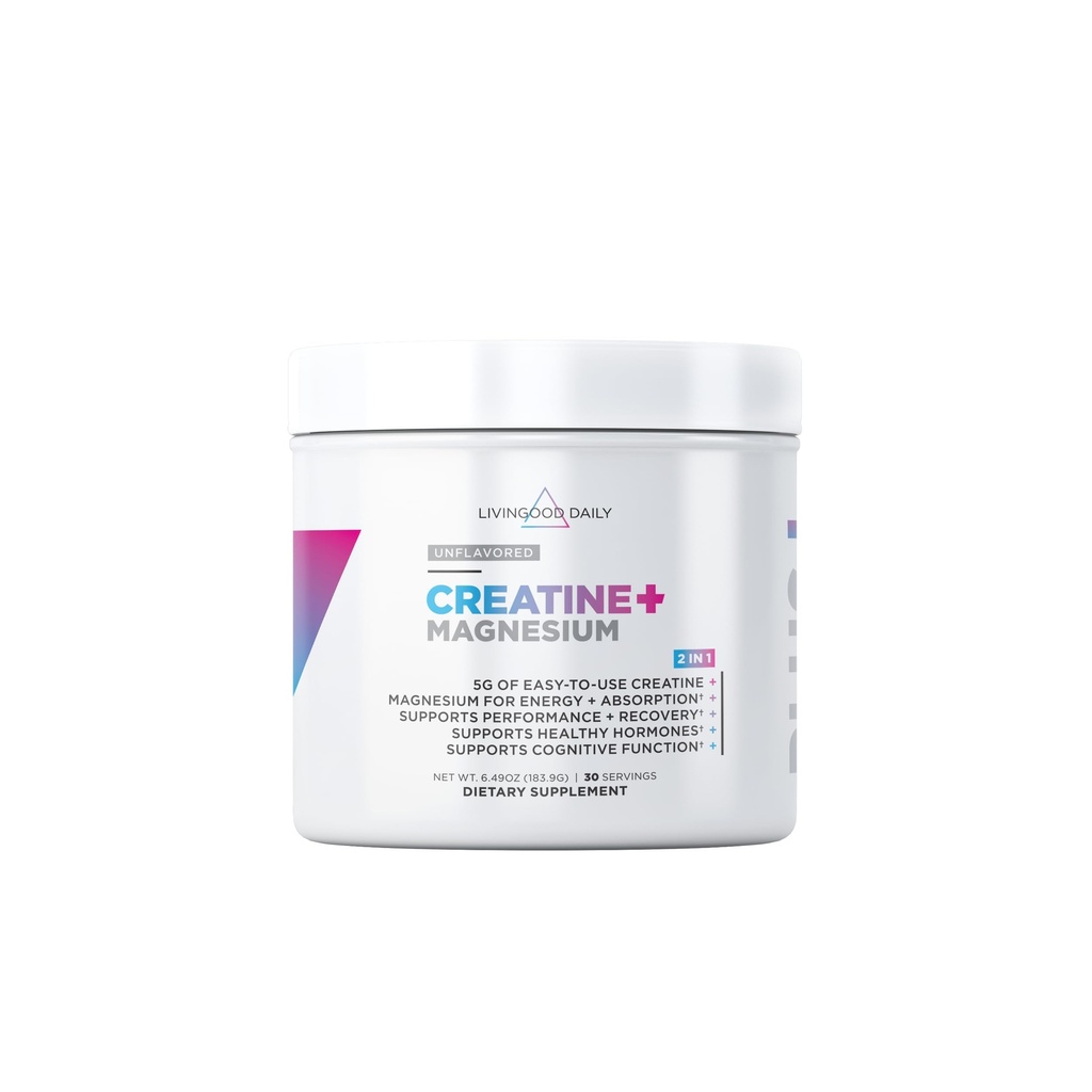 Livingood Daily Creatine + 镁粉,无味 → 5g 微量化 Creatine 单水合物与镁换能源,肌肉恢复与性能 → 30 服务